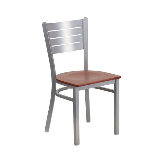 Silver Slat Back Metal Restaurant Chair - Cherry Wood Seat