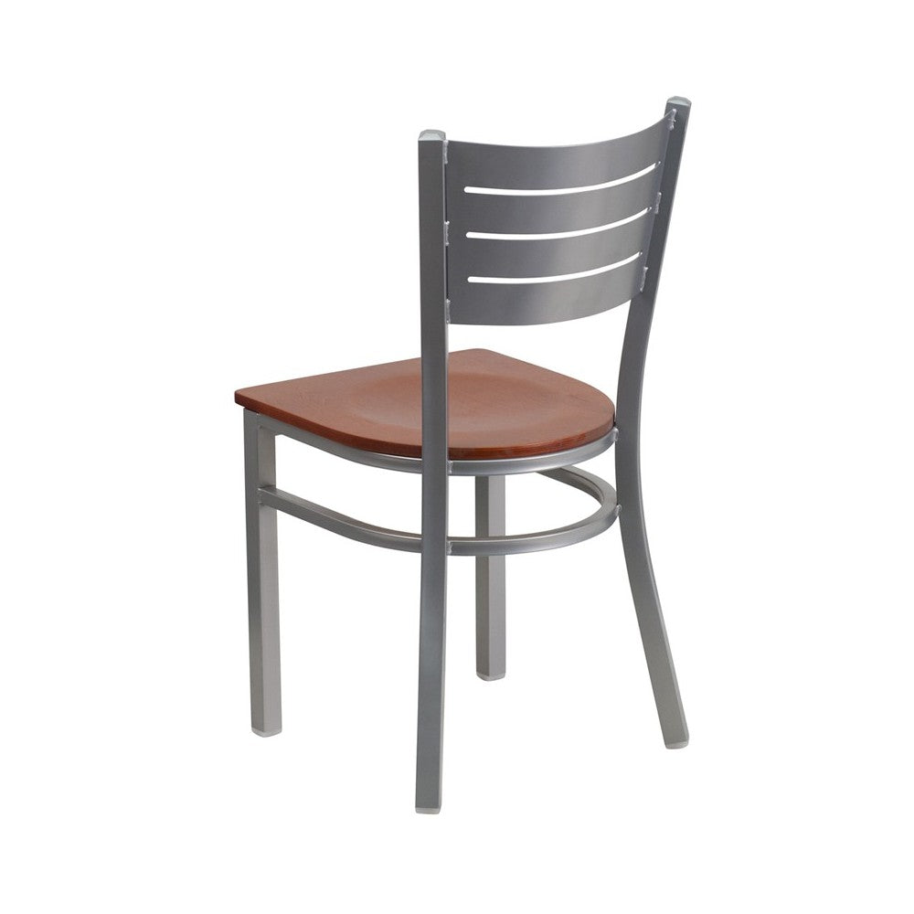 Silver Slat Back Metal Restaurant Chair - Cherry Wood Seat