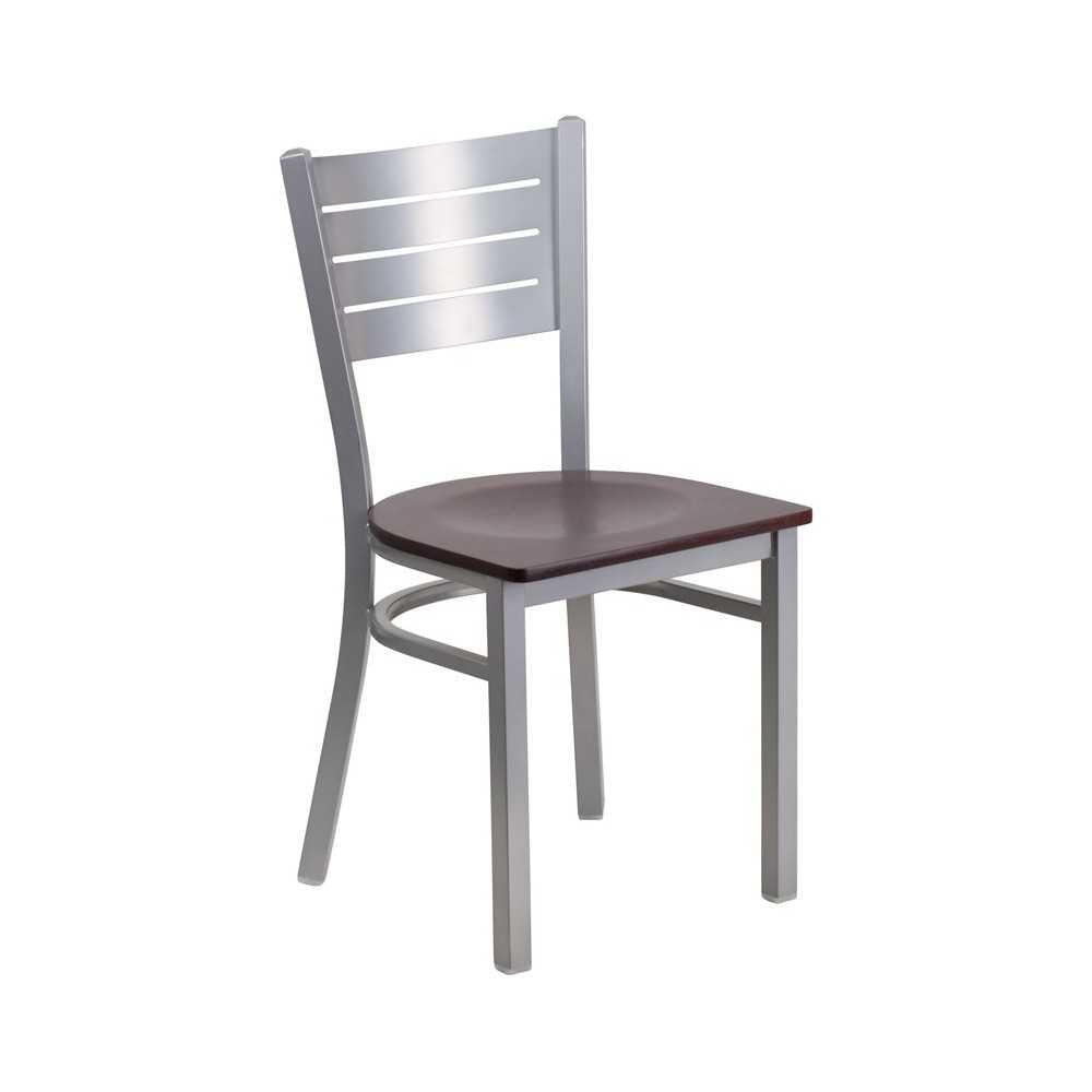 Silver Slat Back Metal Restaurant Chair - Mahogany Wood Seat