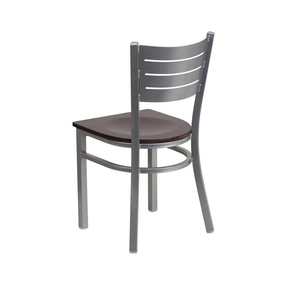 Silver Slat Back Metal Restaurant Chair - Mahogany Wood Seat