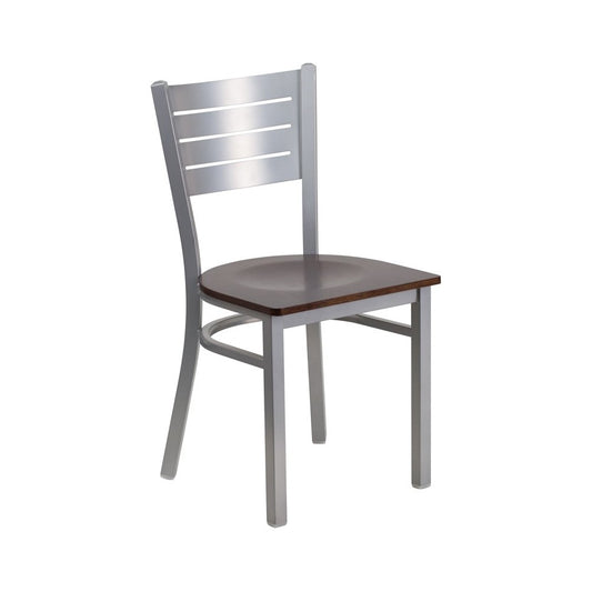 Silver Slat Back Metal Restaurant Chair - Walnut Wood Seat