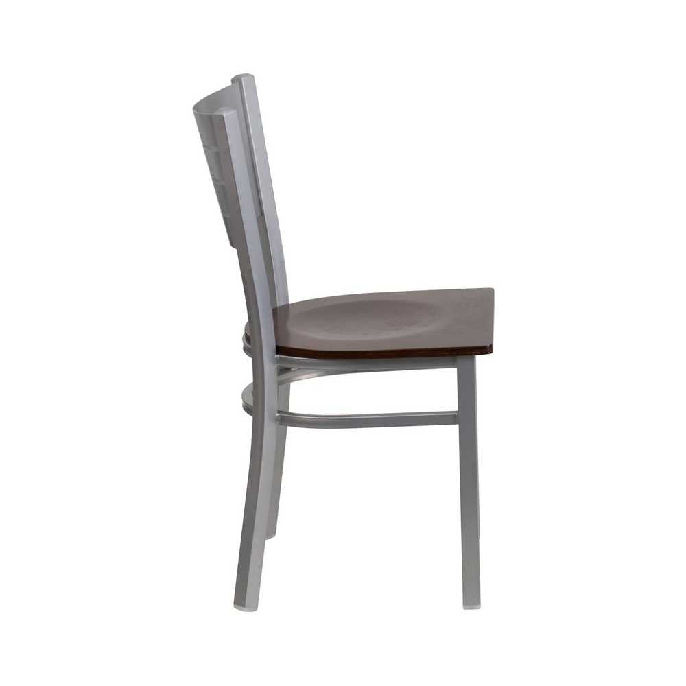 Silver Slat Back Metal Restaurant Chair - Walnut Wood Seat