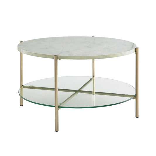 Simone Modern Round Coffee Table - Faux White Marble/Glass/Gold