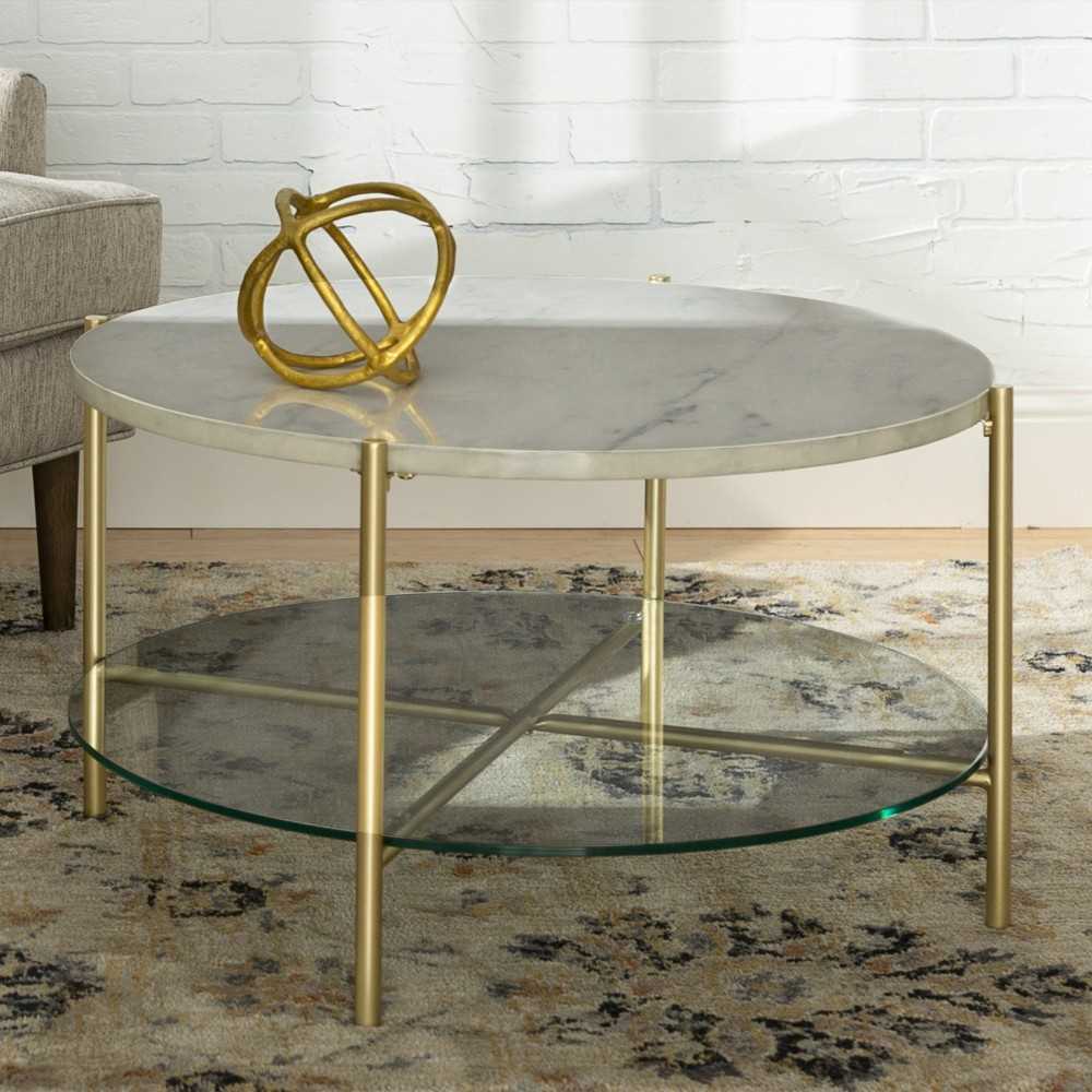 Simone Modern Round Coffee Table - Faux White Marble/Glass/Gold