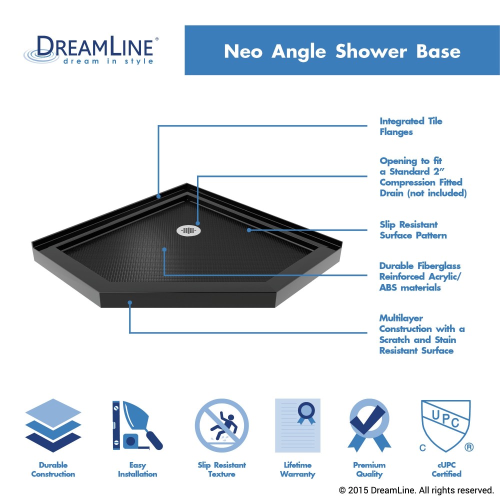 SlimLine 36 in. D x 36 in. W x 2 3/4 in. H Corner Drain Neo-Angle Shower Base in Black