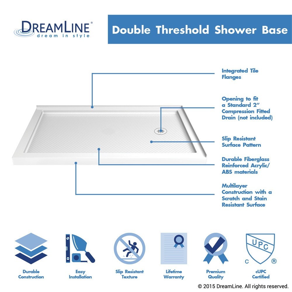 SlimLine 36 in. D x 60 in. W x 2 3/4 in. H Right Drain Double Threshold Shower Base in White