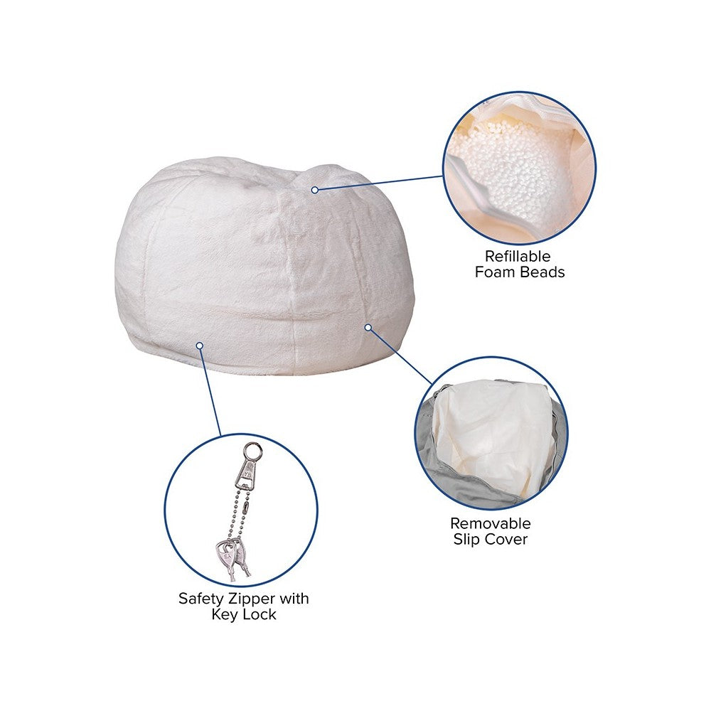 Small White Furry Bean Bag Chair for Kids and Teens