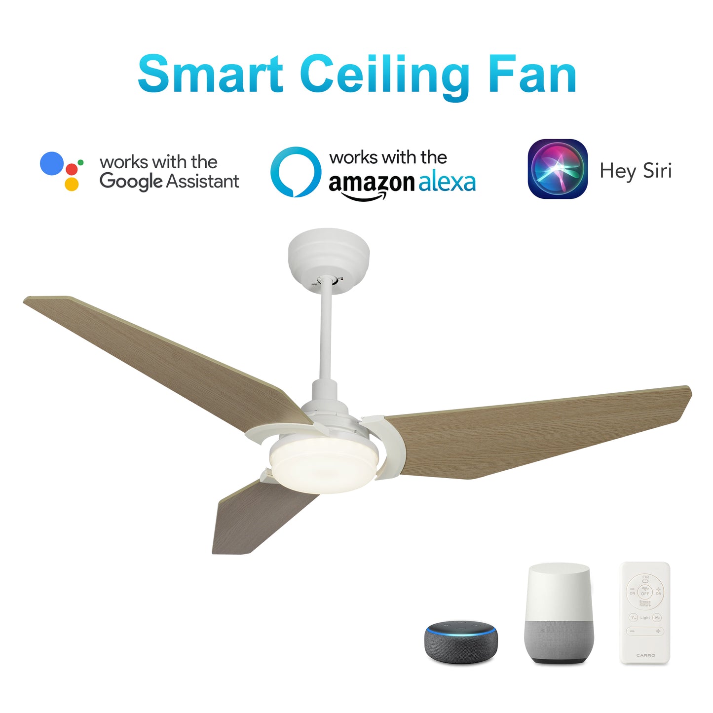 Kaj 52 Inch 3-Blade Smart Ceiling Fan - White