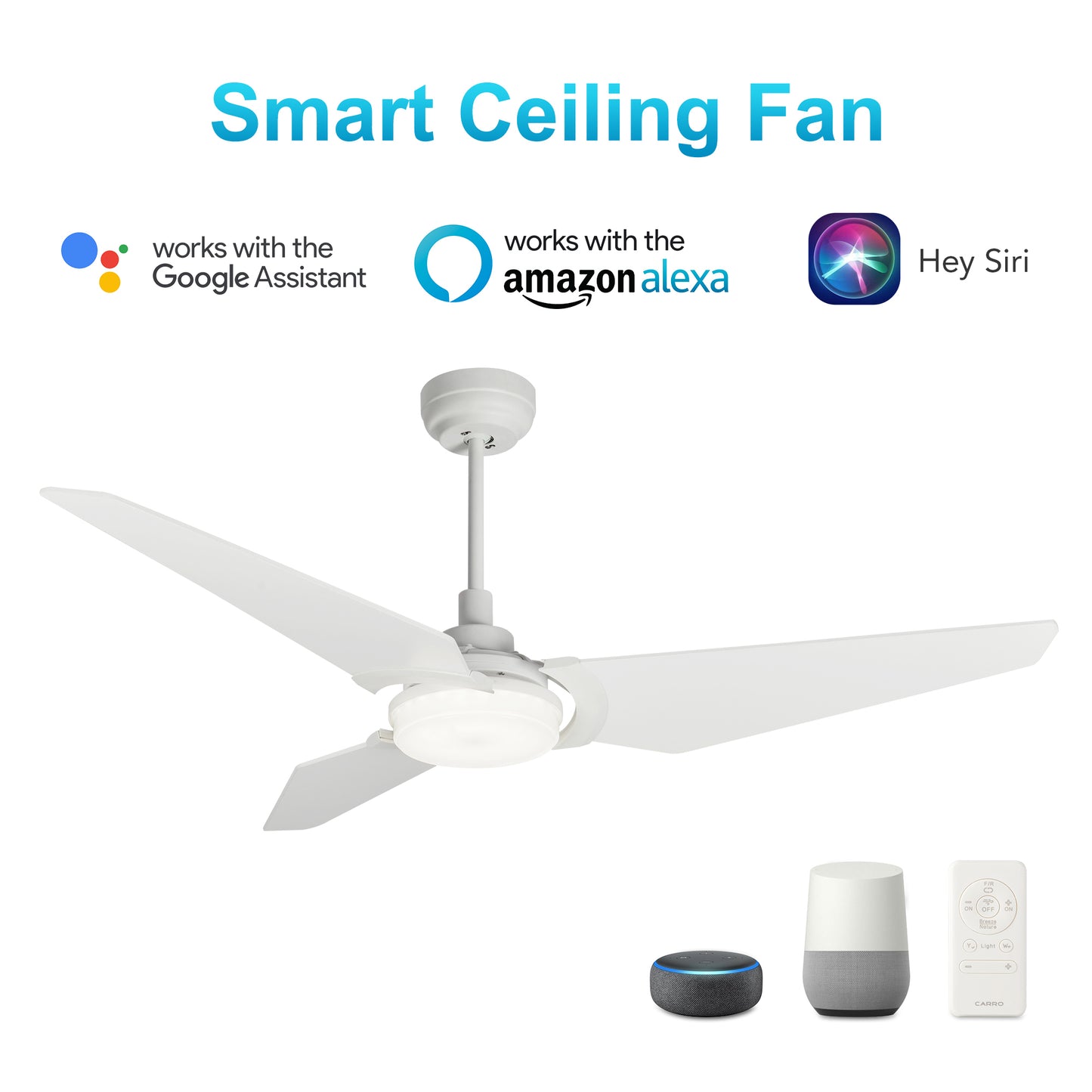 Kaj 56 Inch 3-Blade Smart Ceiling Fan - White/White