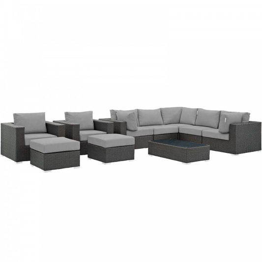 Sojourn 10 Piece Outdoor Patio Sunbrella Sectional Set, Canvas Gray