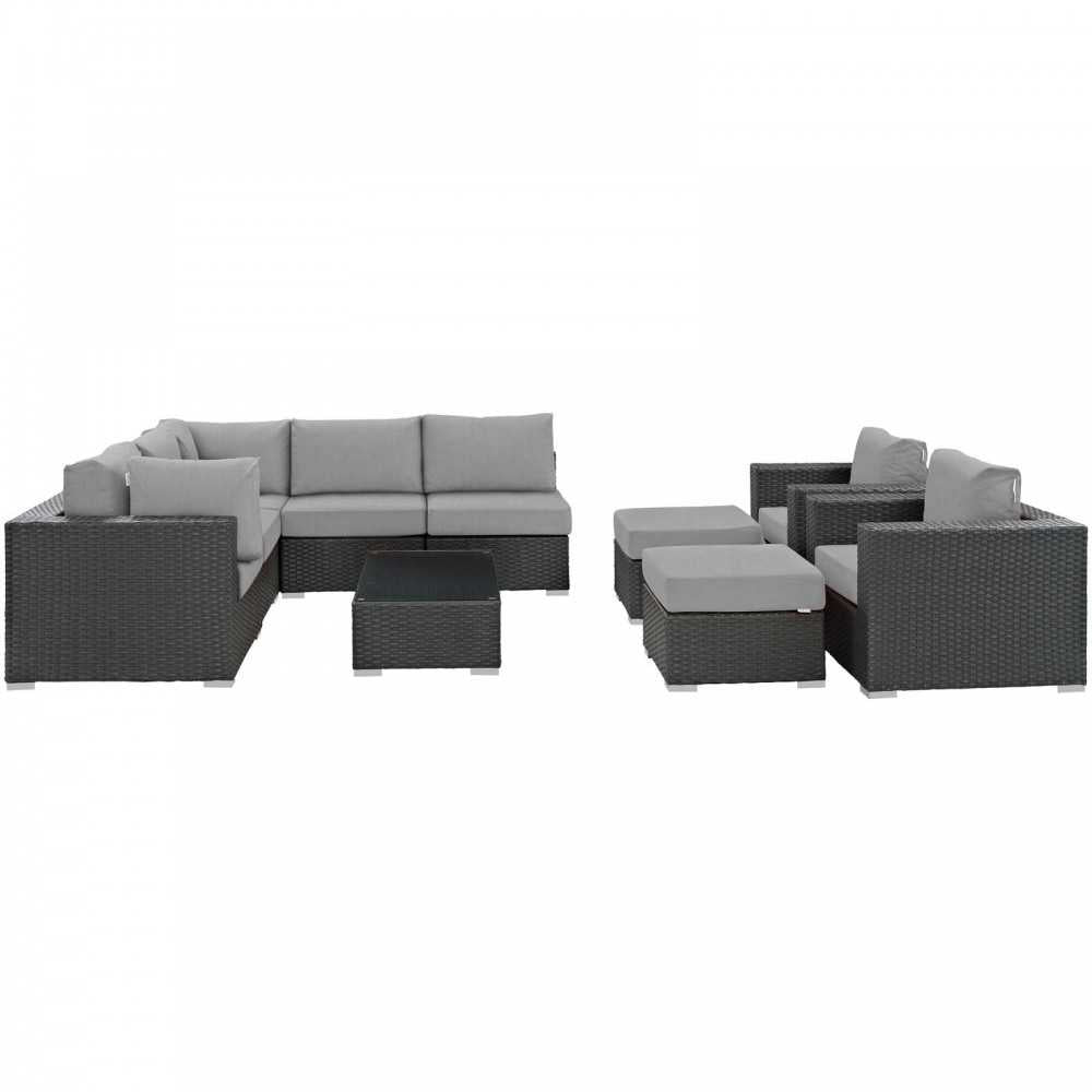 Sojourn 10 Piece Outdoor Patio Sunbrella Sectional Set, Canvas Gray
