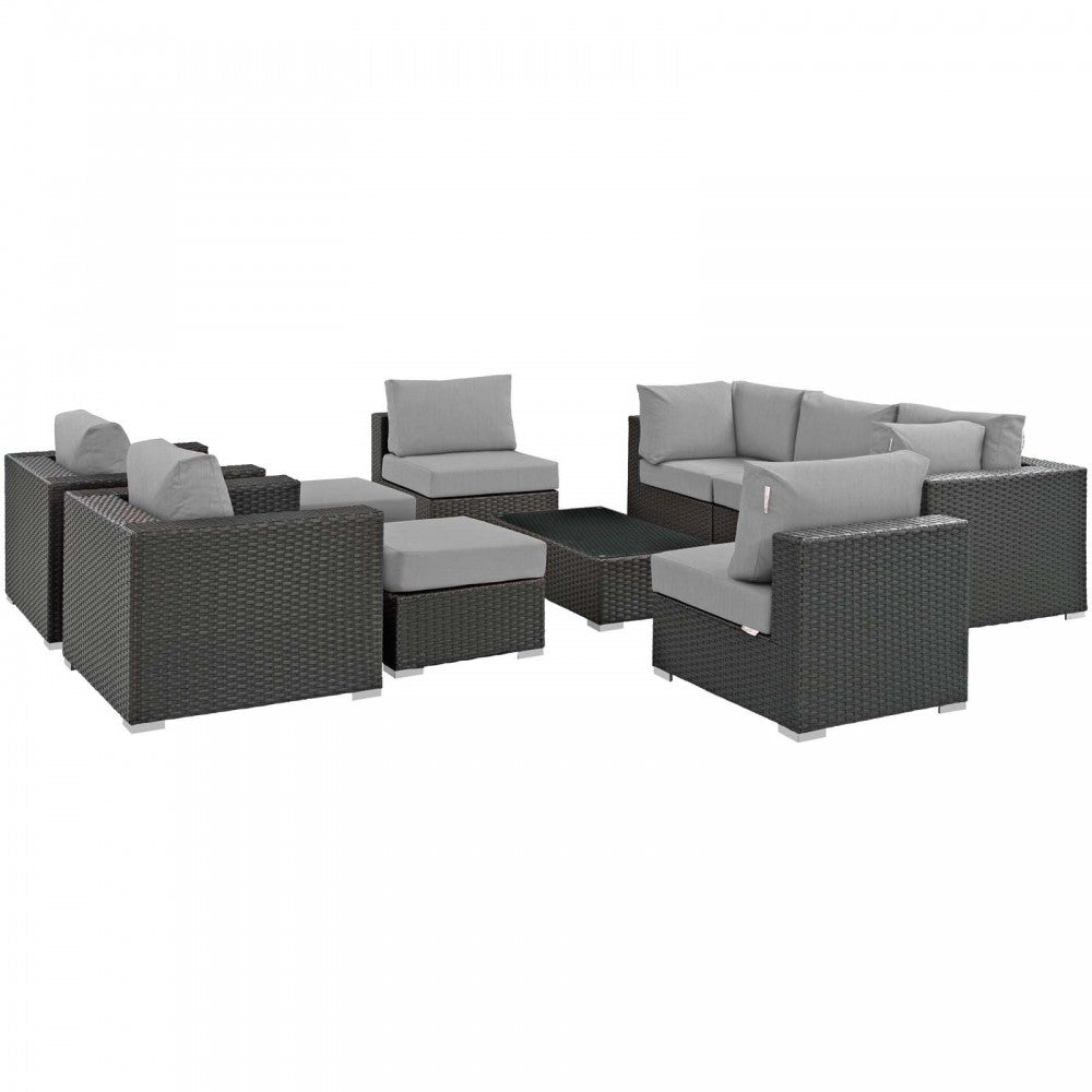 Sojourn 10 Piece Outdoor Patio Sunbrella Sectional Set, Canvas Gray