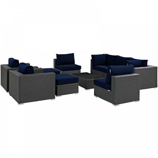 Sojourn 10 Piece Outdoor Patio Sunbrella Sectional Set, Canvas Navy, EEI-1888-CHC-NAV-SET