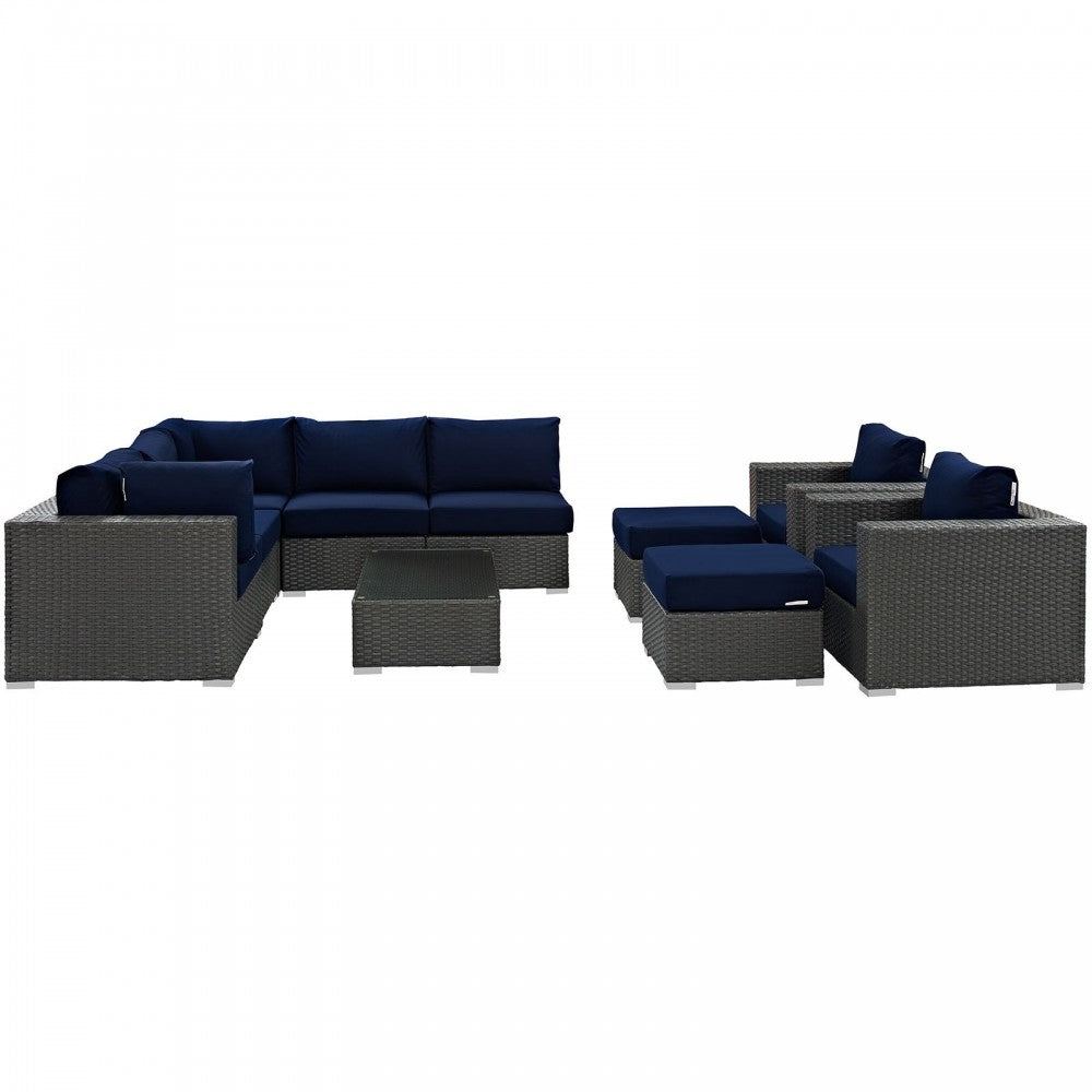 Sojourn 10 Piece Outdoor Patio Sunbrella Sectional Set, Canvas Navy, EEI-1888-CHC-NAV-SET