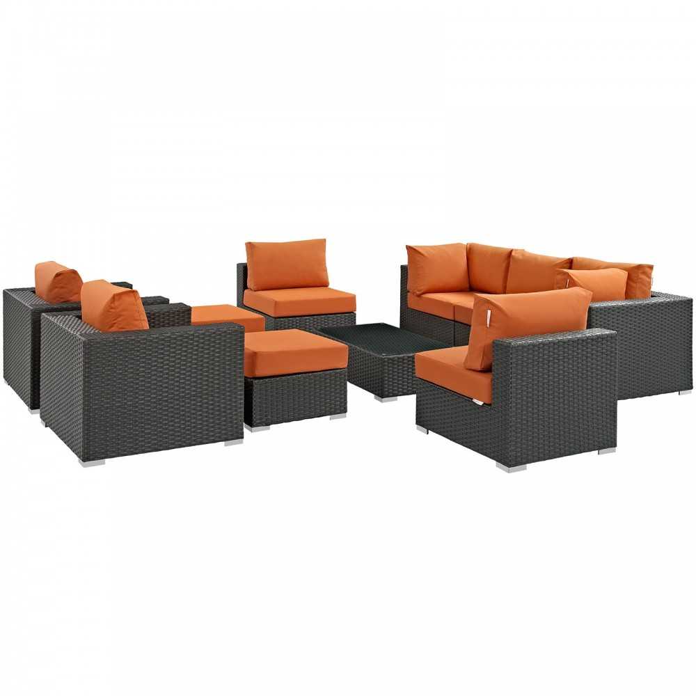 Sojourn 10 Piece Outdoor Patio Sunbrella Sectional Set, Canvas Tuscan, EEI-1888-CHC-TUS-SET