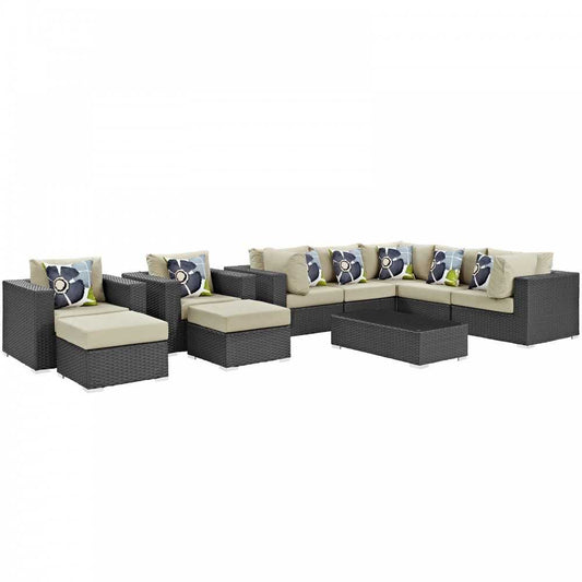 Sojourn 10 Piece Outdoor Patio Sunbrella Sectional Set, Canvas Antique Beige, EEI-2383-CHC-BEI-SET