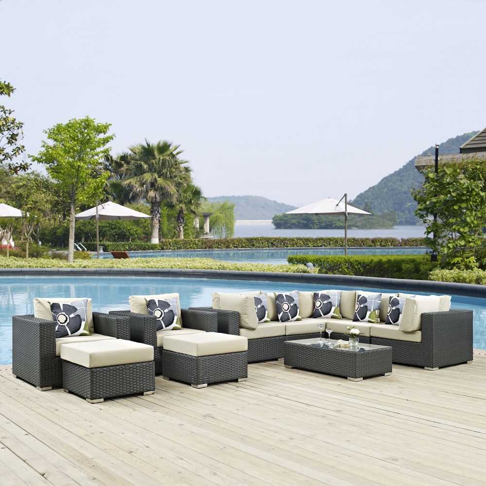 Sojourn 10 Piece Outdoor Patio Sunbrella Sectional Set, Canvas Antique Beige, EEI-2383-CHC-BEI-SET
