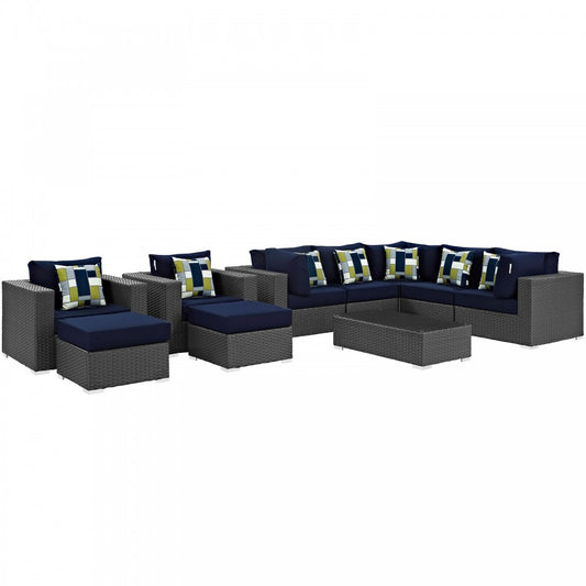 Sojourn 10 Piece Outdoor Patio Sunbrella Sectional Set, Canvas Navy, EEI-2383-CHC-NAV-SET