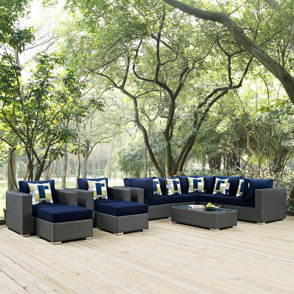 Sojourn 10 Piece Outdoor Patio Sunbrella Sectional Set, Canvas Navy, EEI-2383-CHC-NAV-SET