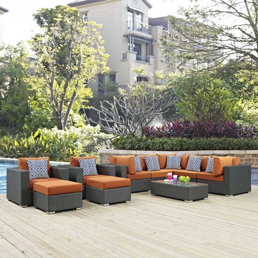 Sojourn 10 Piece Outdoor Patio Sunbrella Sectional Set, Canvas Tuscan, EEI-2383-CHC-TUS-SET