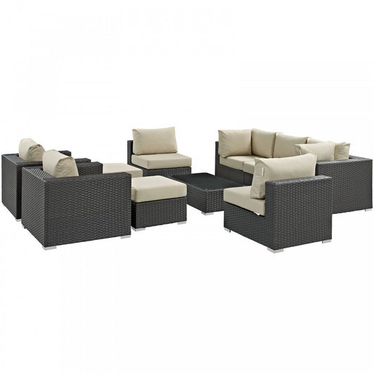 Sojourn 10 Piece Outdoor Patio Sunbrella Sectional Set, Canvas Antique Beige, EEI-1888-CHC-BEI-SET