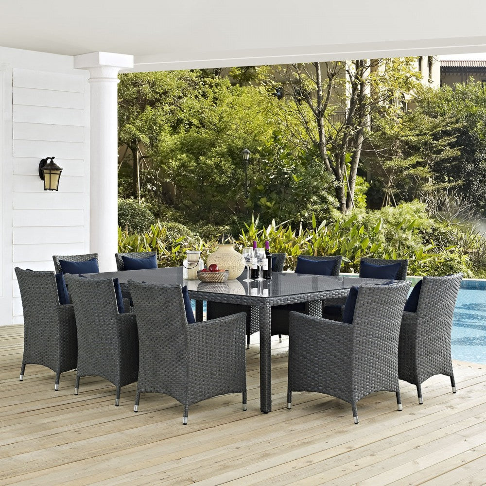 Sojourn 11 Piece Outdoor Patio Sunbrella Dining Set, Canvas Navy