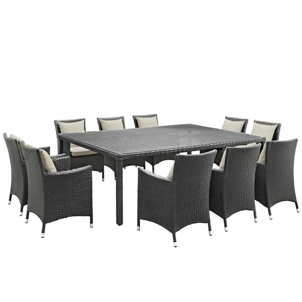 Sojourn 11 Piece Outdoor Patio Sunbrella Dining Set, Antique Canvas Beige