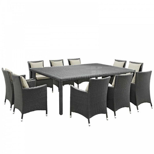 Sojourn 11 Piece Outdoor Patio Sunbrella Dining Set, Antique Canvas Beige