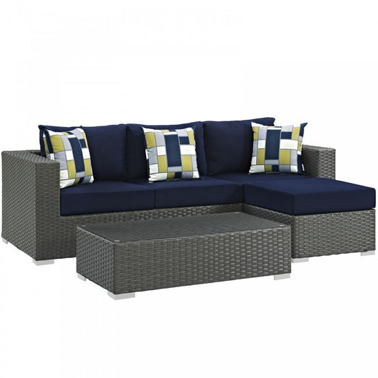 Sojourn 3 Piece Outdoor Patio Sunbrella Sectional Set, Canvas Navy, EEI-2384-CHC-NAV-SET