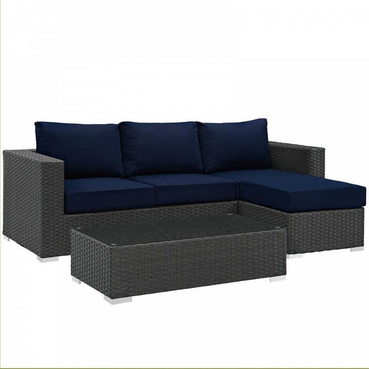 Sojourn 3 Piece Outdoor Patio Sunbrella Sectional Set, Canvas Navy, EEI-1889-CHC-NAV-SET
