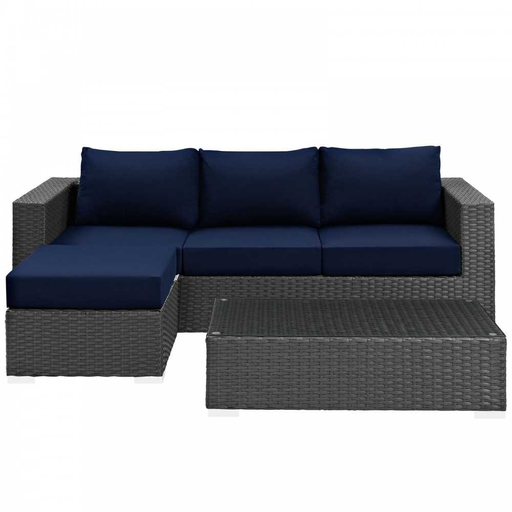 Sojourn 3 Piece Outdoor Patio Sunbrella Sectional Set, Canvas Navy, EEI-1889-CHC-NAV-SET