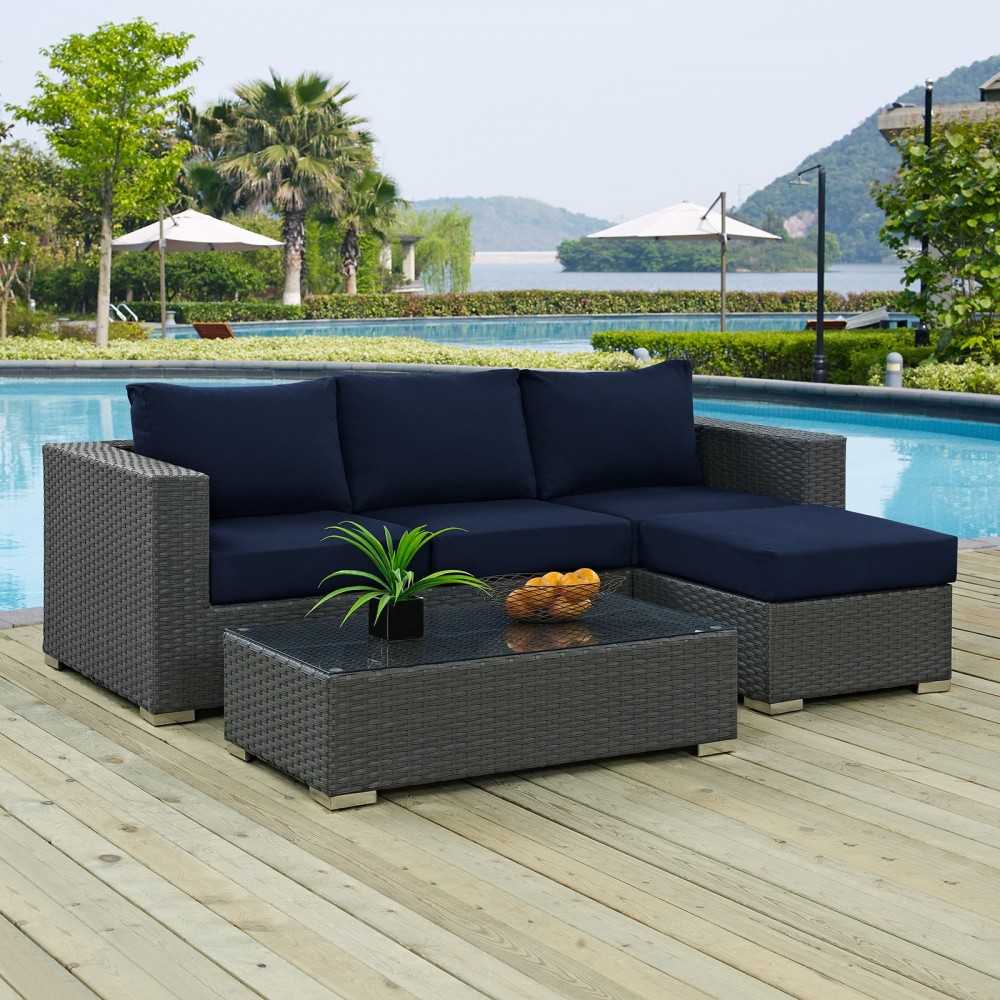 Sojourn 3 Piece Outdoor Patio Sunbrella Sectional Set, Canvas Navy, EEI-1889-CHC-NAV-SET