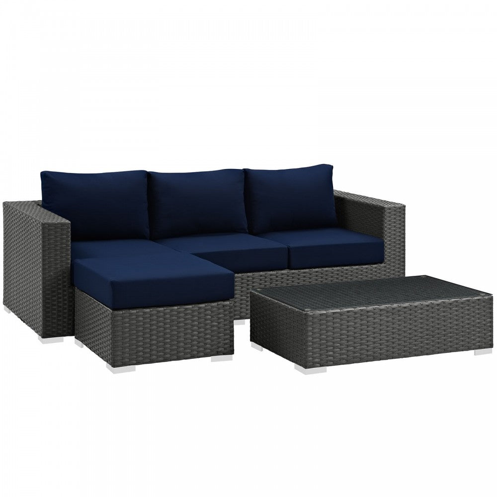 Sojourn 3 Piece Outdoor Patio Sunbrella Sectional Set, Canvas Navy, EEI-1889-CHC-NAV-SET