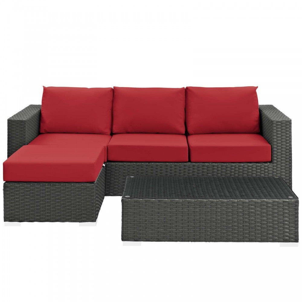 Sojourn 3 Piece Outdoor Patio Sunbrella Sectional Set, Canvas Red, EEI-1889-CHC-RED-SET
