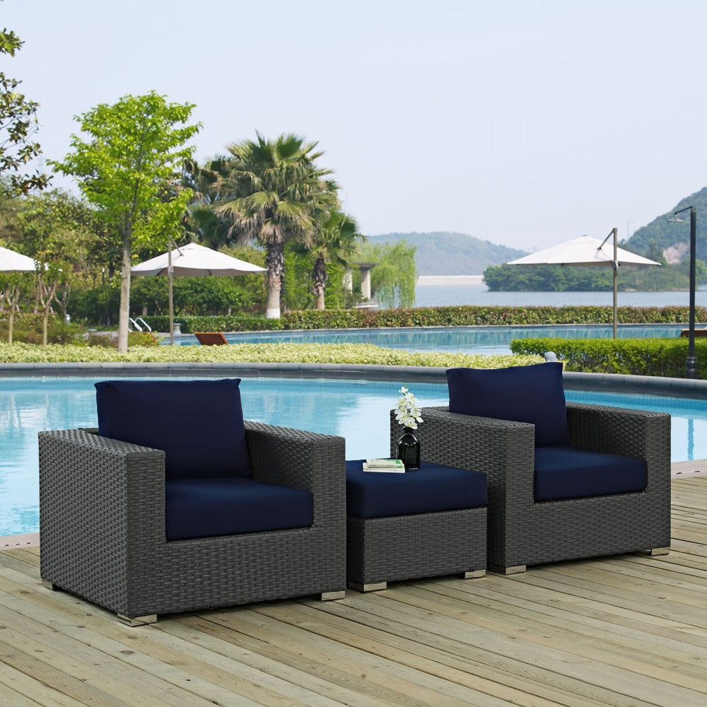 Sojourn 3 Piece Outdoor Patio Sunbrella Sectional Set, Canvas Navy, EEI-1891-CHC-NAV-SET