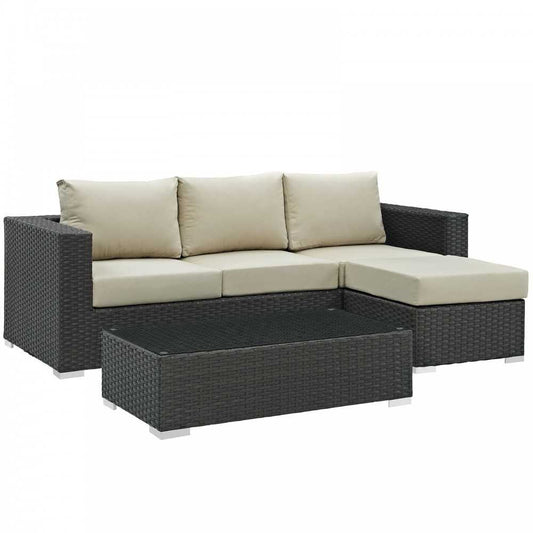 Sojourn 3 Piece Outdoor Patio Sunbrella Sectional Set, Canvas Antique Beige, EEI-1889-CHC-BEI-SET