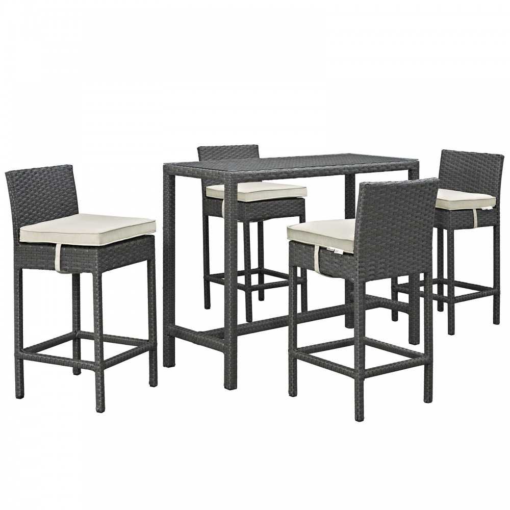Sojourn 5 Piece Outdoor Patio Sunbrella Pub Set, Antique Canvas Beige, EEI-1968-CHC-BEI-SET