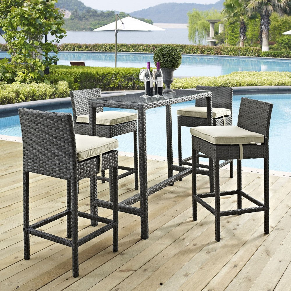 Sojourn 5 Piece Outdoor Patio Sunbrella Pub Set, Antique Canvas Beige, EEI-1968-CHC-BEI-SET