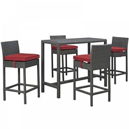 Sojourn 5 Piece Outdoor Patio Sunbrella Pub Set, Canvas Red, EEI-1968-CHC-RED-SET