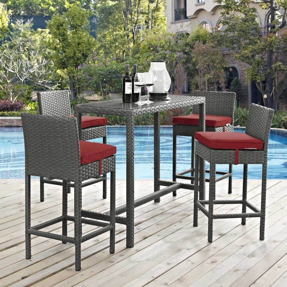 Sojourn 5 Piece Outdoor Patio Sunbrella Pub Set, Canvas Red, EEI-1968-CHC-RED-SET