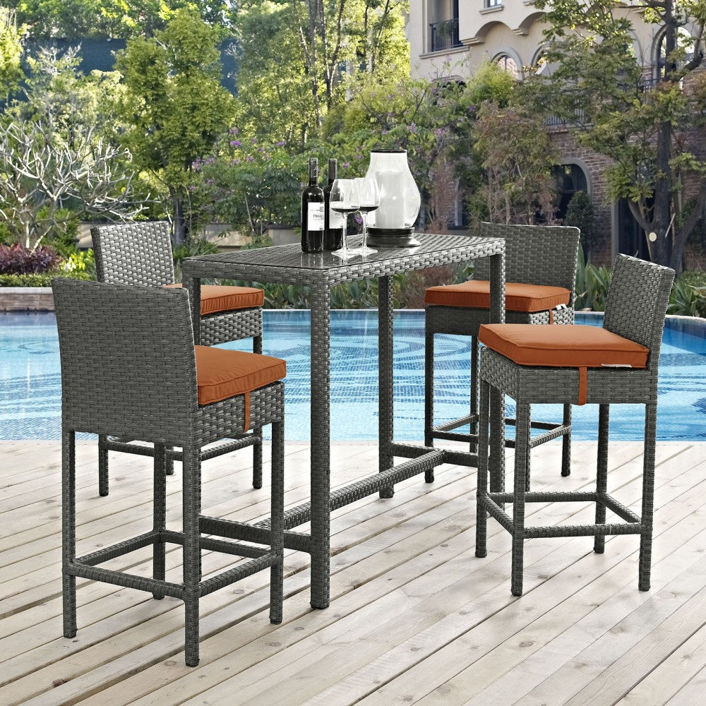 Sojourn 5 Piece Outdoor Patio Sunbrella Pub Set, Canvas Tuscan, EEI-1968-CHC-TUS-SET