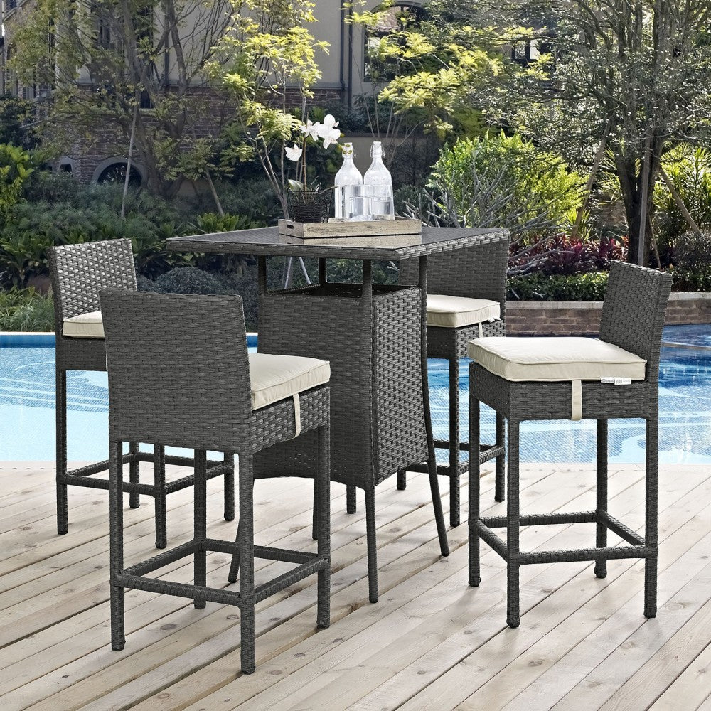 Sojourn 5 Piece Outdoor Patio Sunbrella Pub Set, Antique Canvas Beige, EEI-1967-CHC-BEI-SET