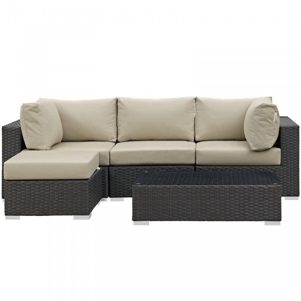 Sojourn 5 Piece Outdoor Patio Sunbrella Sectional Set, Canvas Antique Beige, EEI-1890-CHC-BEI-SET