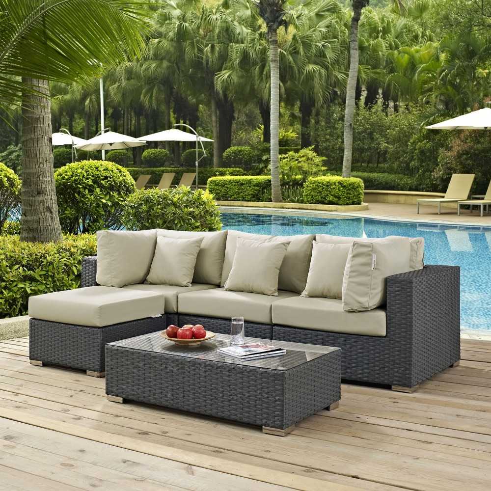 Sojourn 5 Piece Outdoor Patio Sunbrella Sectional Set, Canvas Antique Beige, EEI-1890-CHC-BEI-SET