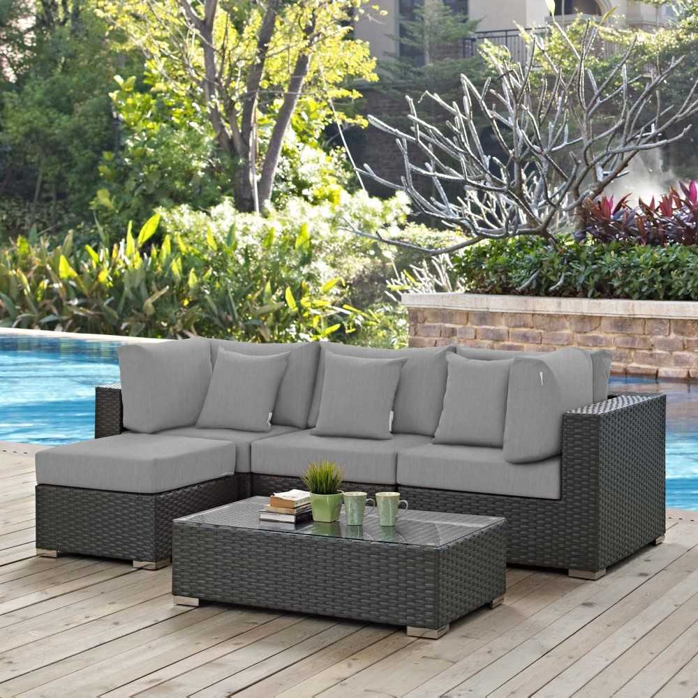 Sojourn 5 Piece Outdoor Patio Sunbrella Sectional Set, Canvas Gray, EEI-1890-CHC-GRY-SET