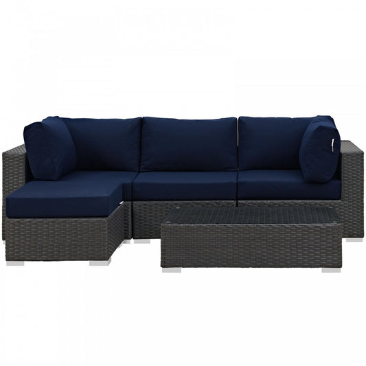 Sojourn 5 Piece Outdoor Patio Sunbrella Sectional Set, Canvas Navy, EEI-1890-CHC-NAV-SET