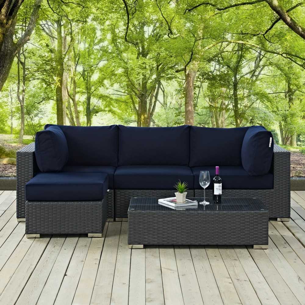 Sojourn 5 Piece Outdoor Patio Sunbrella Sectional Set, Canvas Navy, EEI-1890-CHC-NAV-SET