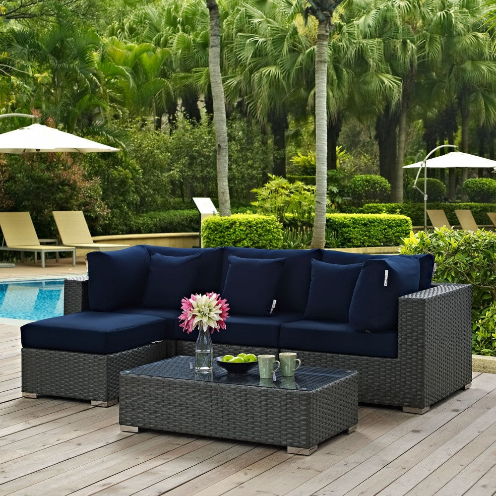 Sojourn 5 Piece Outdoor Patio Sunbrella Sectional Set, Canvas Navy, EEI-1890-CHC-NAV-SET