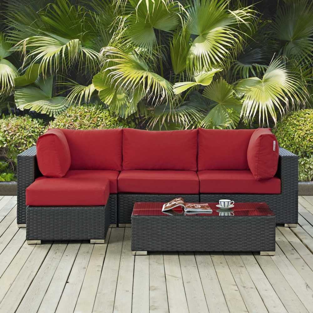 Sojourn 5 Piece Outdoor Patio Sunbrella Sectional Set, Canvas Red, EEI-1890-CHC-RED-SET