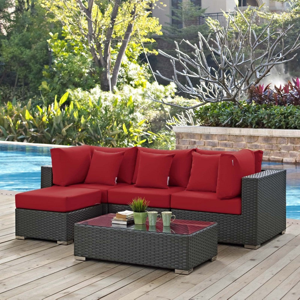 Sojourn 5 Piece Outdoor Patio Sunbrella Sectional Set, Canvas Red, EEI-1890-CHC-RED-SET